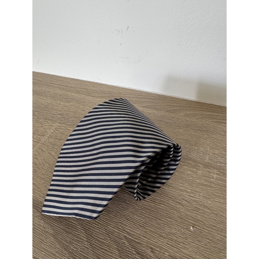 Prada Vintage Silk Tie Navy Blue Silver Striped Made in Italy Mens Necktie